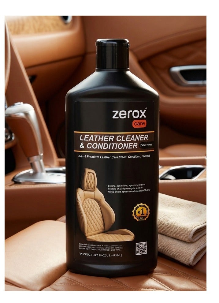 زيروكس منظف ​​ومرطب الجلود 3 في 1 من zerox care – حل متميز للعناية بالجلود مخصص لمقاعد السيارات، الأرائك، ومقاعد الدراجات | يزيل الأوساخ، البقع والروائح | يعيد اللمعان ويوفر حماية من الأشعة فوق البنفسجية | تركيبة غير لزجة – 473 مل. - Image 1