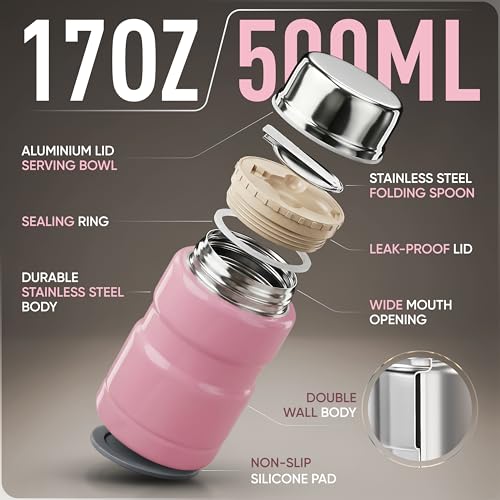 Earth&ME EarthME Stainless Steel Thermo For Hot Food 17OZ with Folding Spoon Vacuum Insulated Food Container Soup Thermo with Wide Mouth Insulated Food Jar for Hot Cold Food Pink - Image 3
