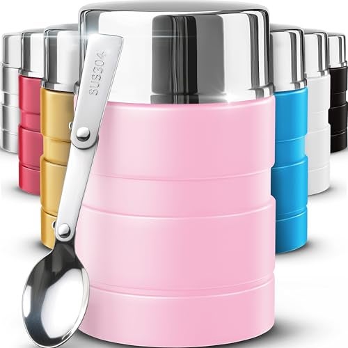 Earth&ME EarthME Stainless Steel Thermo For Hot Food 17OZ with Folding Spoon Vacuum Insulated Food Container Soup Thermo with Wide Mouth Insulated Food Jar for Hot Cold Food Pink - Image 1