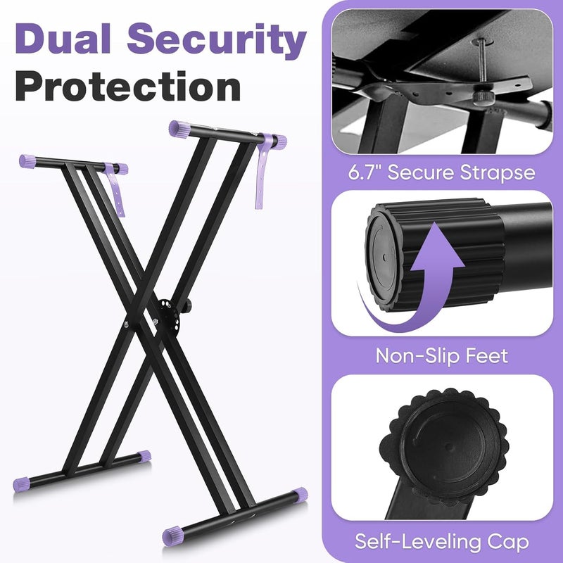 Mocking Bird Double-X Piano Keyboard Stand- Heavy Duty, Adjustable Height, Portable & Anti-Slip for 61/76/88 Key Piano Stand with Locking Straps for Digital, Electric Piano, MIDI Keyboard Music Stand - Image 5