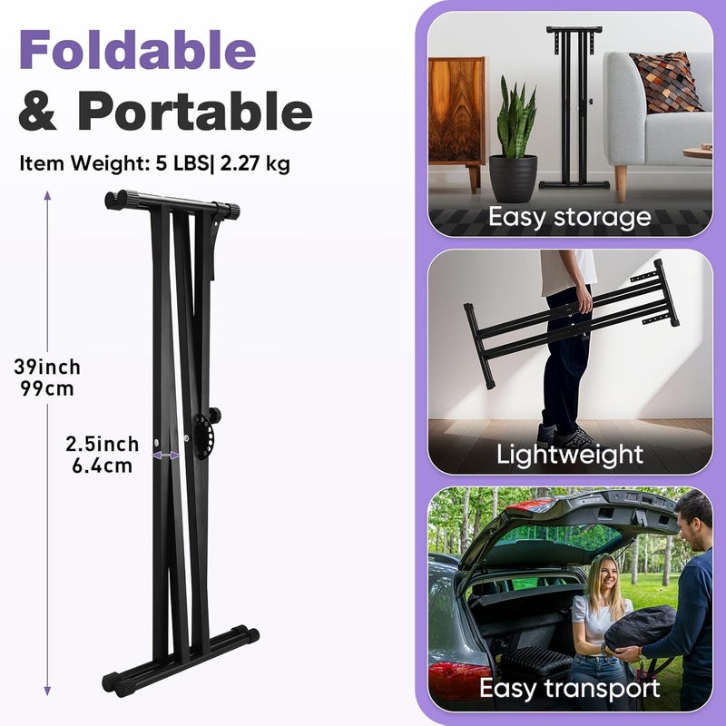 Mocking Bird Double-X Piano Keyboard Stand- Heavy Duty, Adjustable Height, Portable & Anti-Slip for 61/76/88 Key Piano Stand with Locking Straps for Digital, Electric Piano, MIDI Keyboard Music Stand - Image 2