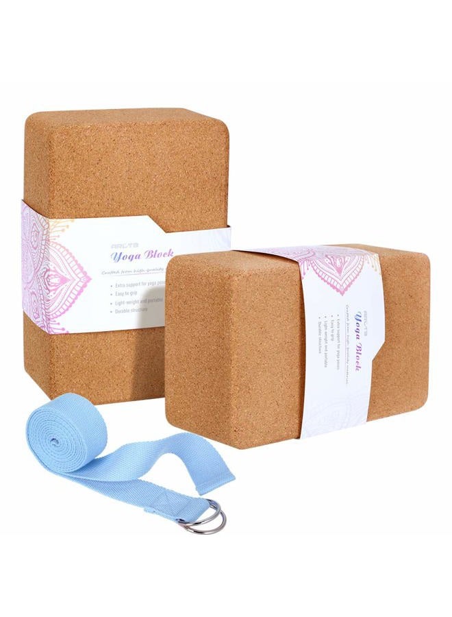Arltb Cork Yoga Block 2 Pack and Yoga Strap Set with Metal D-Ring 4"x6"x9" Cork Yoga Bricks and 8" Yoga Strap Natural and Sustainable Material for Any Type of Yoga Styles (Cork Yoga Block, 4"x6"x9") - Image 1