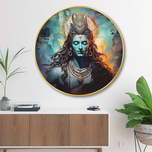 SAF Lord Shiva Round Wall Painting with Golden Frame | Meditating Mahadev Modern Spiritual Wall Art | Divine Hindu Religious Décor for Living Room Bedroom Temple Office (16 X 16 Inch) GRM-254 - Image 1
