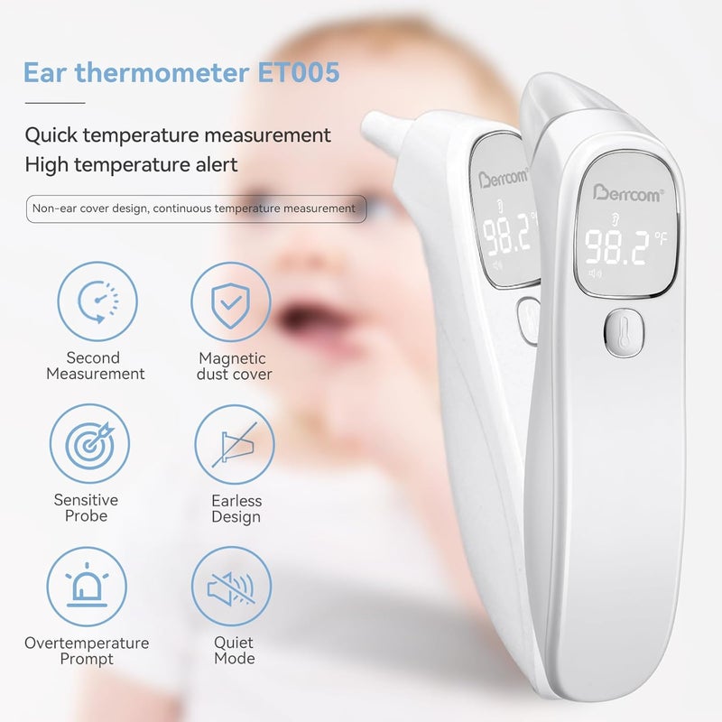 Berrcom Forehead and Ear Thermometer for Adults and Babies, Digital No-Touch Medical Thermometers with LED Display, 1s Instant Reading, Contactless Temperature Thermometer, Auto Shut-Off - Image 2