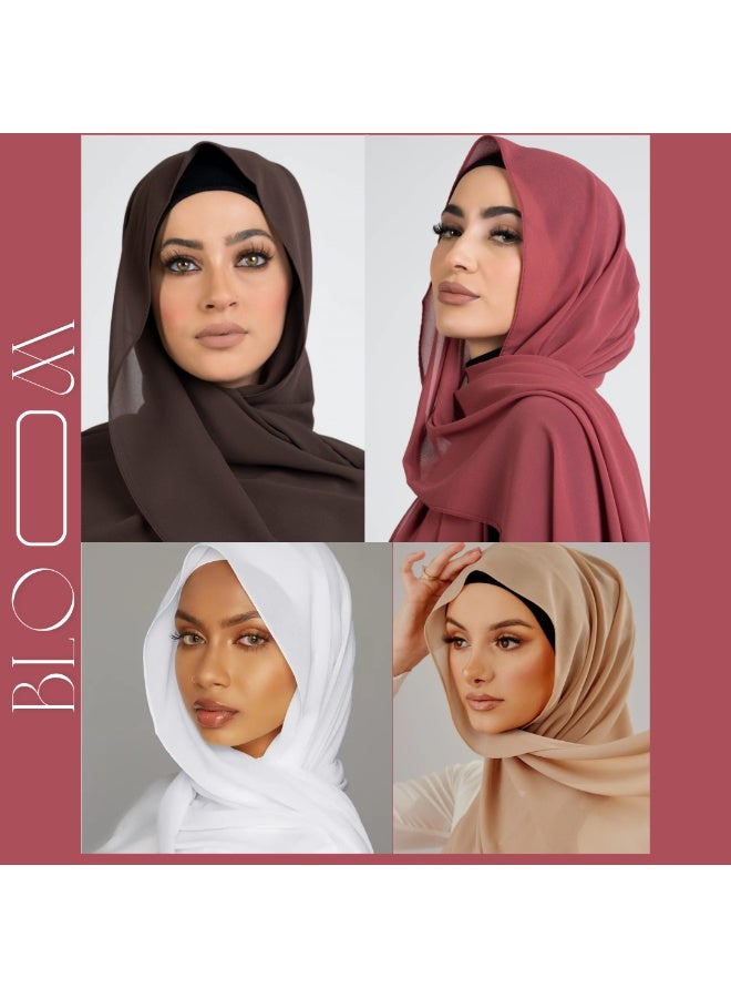 طقم حجاب شيفون فاخر من BLOOM – 4 قطع للنساء | ناعم، خفيف الوزن، وقابل للتنفس بالألوان: الأبيض، البني الشوكولاتة، البيج النيود، وسيينا - Image 1