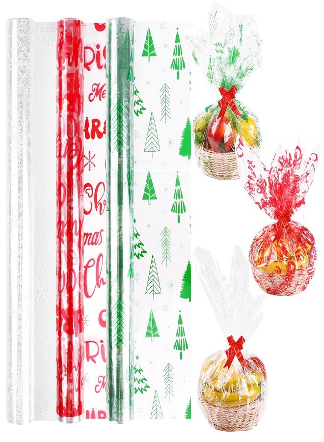 FOPINOA 3 Roll Christmas Cellophane Wrap Set, 32 in x 100 ft Christmas Cellophane Wrapping Clear Cellophane Wrap Roll Treat Gift Basket Wrapping Cellophane Paper for Xmas Party Decoration - Image 1