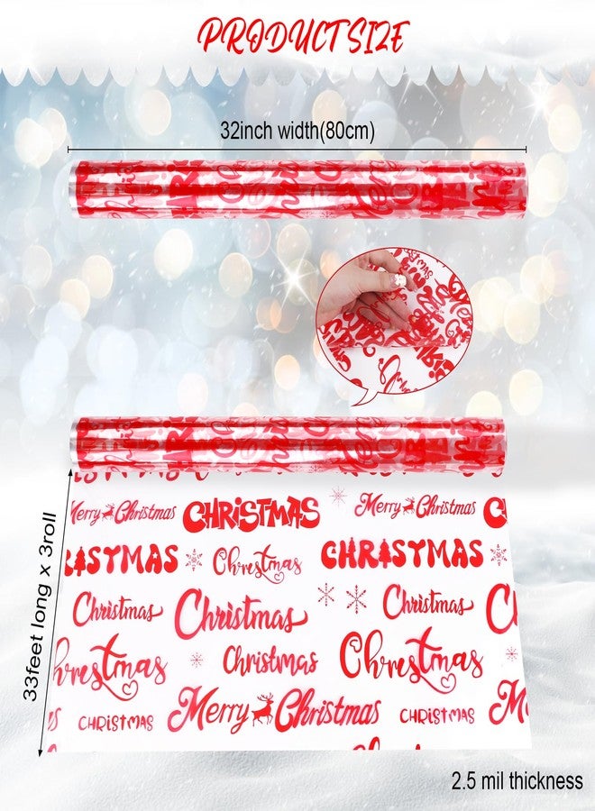 FOPINOA 3 Roll Christmas Cellophane Wrap Set, 32 in x 100 ft Christmas Cellophane Wrapping Clear Cellophane Wrap Roll Treat Gift Basket Wrapping Cellophane Paper for Xmas Party Decoration - Image 2