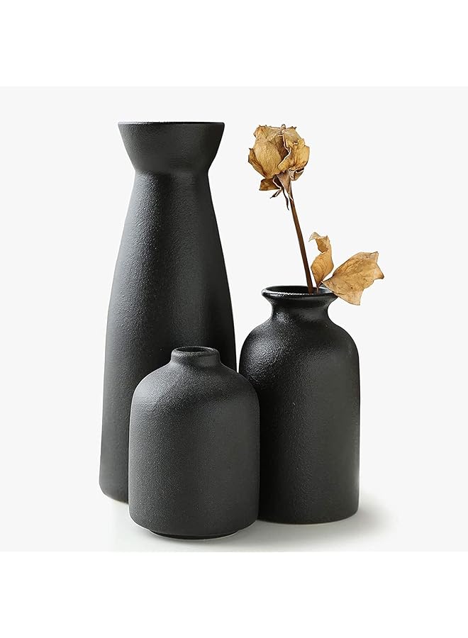 The Bros طقم مزهريات سيراميك من 3 قطع - ديكور منزلي حديث بوهيمي لغرفة المعيشة، المطبخ، المكتب - مزهريات زهور جافة مصنوعة يدويًا، ديكور طاولة متعدد الاستخدامات، هدية فريدة لحفلات الزفاف/الانتقال إلى منزل جديد (أسود) - Image 1