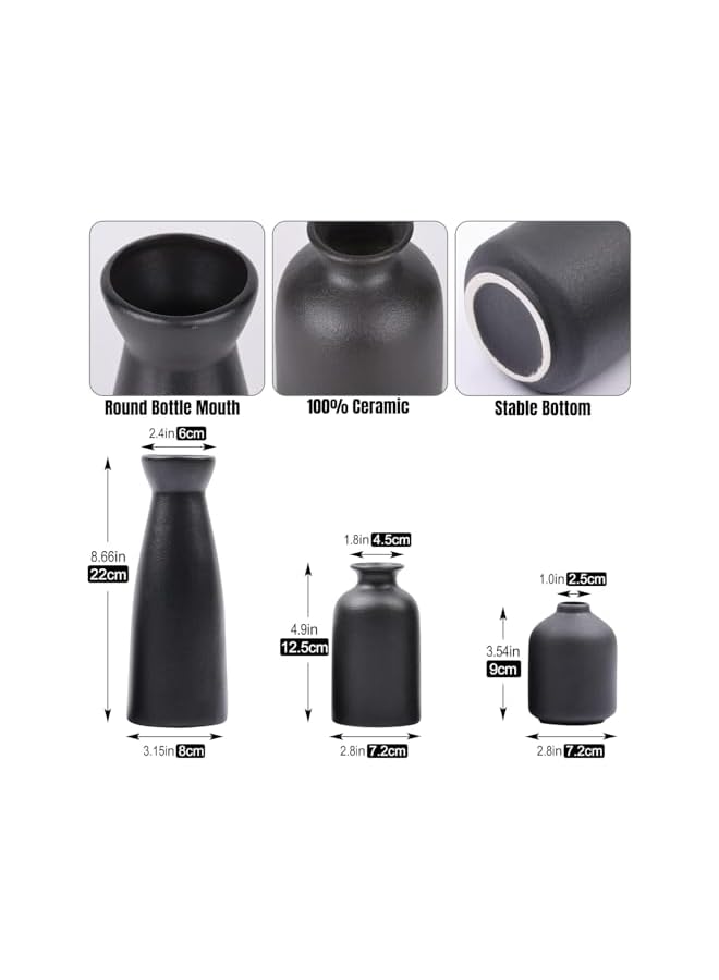The Bros طقم مزهريات سيراميك من 3 قطع - ديكور منزلي حديث بوهيمي لغرفة المعيشة، المطبخ، المكتب - مزهريات زهور جافة مصنوعة يدويًا، ديكور طاولة متعدد الاستخدامات، هدية فريدة لحفلات الزفاف/الانتقال إلى منزل جديد (أسود) - Image 2