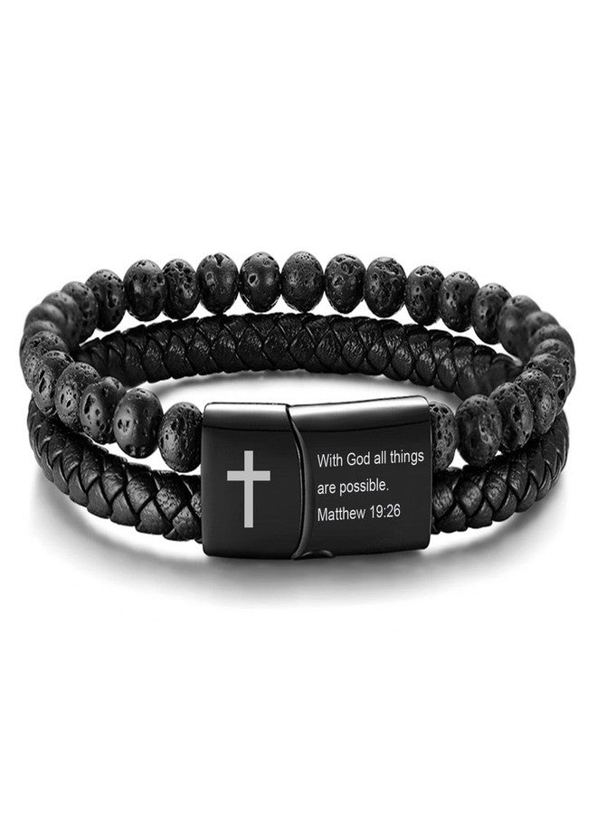 MEALGUET Men's Inspirational Bible Verse Bracelets Lava Rock Bead Bracelet Healing Balancing Braided Leather Wristband with Magnetic Clasp - Image 1