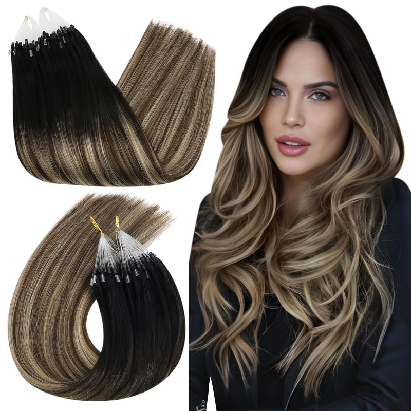 Ugeat Balayage Micro Loop Hair Extensions Natural Black to Dark Brown Mix Caramel Brown Balayage Micro Bead Real Human Hair Extensions by Cold Fusion NonDamage for Everyday Use 14 Inch 50g 50s