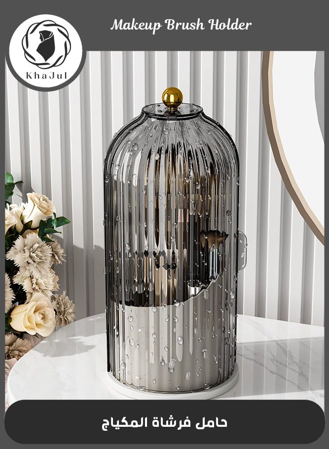 KHAJUL Cosmetic storage box with lid,360 Rotating Clear Dustproof Makeup Brushes Organizer (Transparent Black) - Image 1