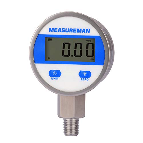 MEASUREMAN 2-1/2" dial, Digital Industrial Pressure Gauge with 1/4" NPT Lower Mount, Stainless Steel case and Connection, 0-300psi/bar, 1%,Battery Powered, with LED Light - Image 1
