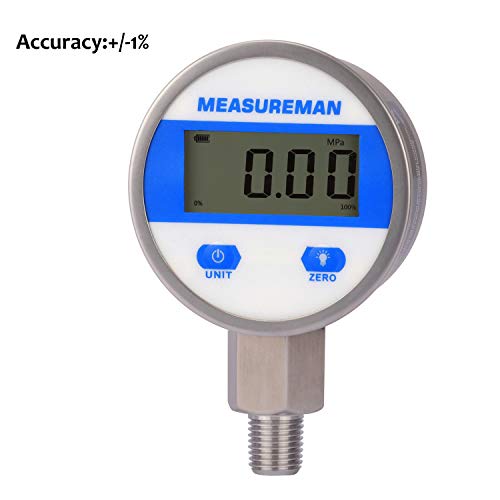 MEASUREMAN 2-1/2" dial, Digital Industrial Pressure Gauge with 1/4" NPT Lower Mount, Stainless Steel case and Connection, 0-300psi/bar, 1%,Battery Powered, with LED Light - Image 2