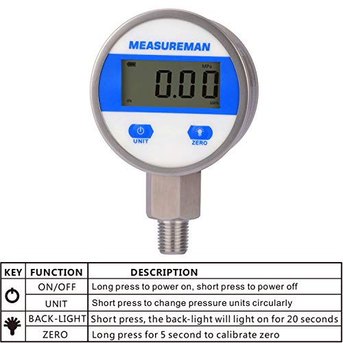 MEASUREMAN 2-1/2" dial, Digital Industrial Pressure Gauge with 1/4" NPT Lower Mount, Stainless Steel case and Connection, 0-300psi/bar, 1%,Battery Powered, with LED Light - Image 4