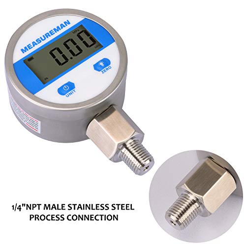 MEASUREMAN 2-1/2" dial, Digital Industrial Pressure Gauge with 1/4" NPT Lower Mount, Stainless Steel case and Connection, 0-300psi/bar, 1%,Battery Powered, with LED Light - Image 5