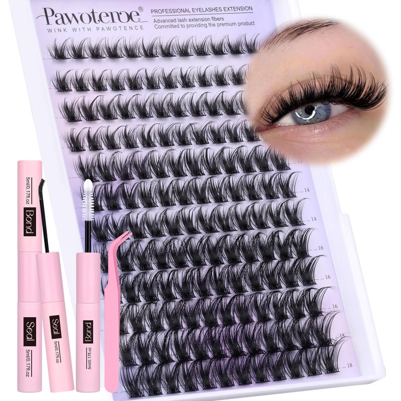 Pawotence Lash Clusters Kit Wispy Lash Extension Kit 10-18mm Cluster Eyelash Extensions Kit Individual Lashes 144pcs Eyelash Clusters with Lash Bond and Seal, Lash Tweezers for Self Use - Image 1