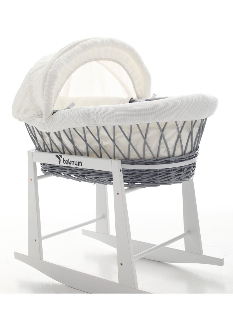 TEKNUM - Infant Wicker Moses Basket With White Waffle Beddings And White Rocker Stand - Wooden Grey - Image 1