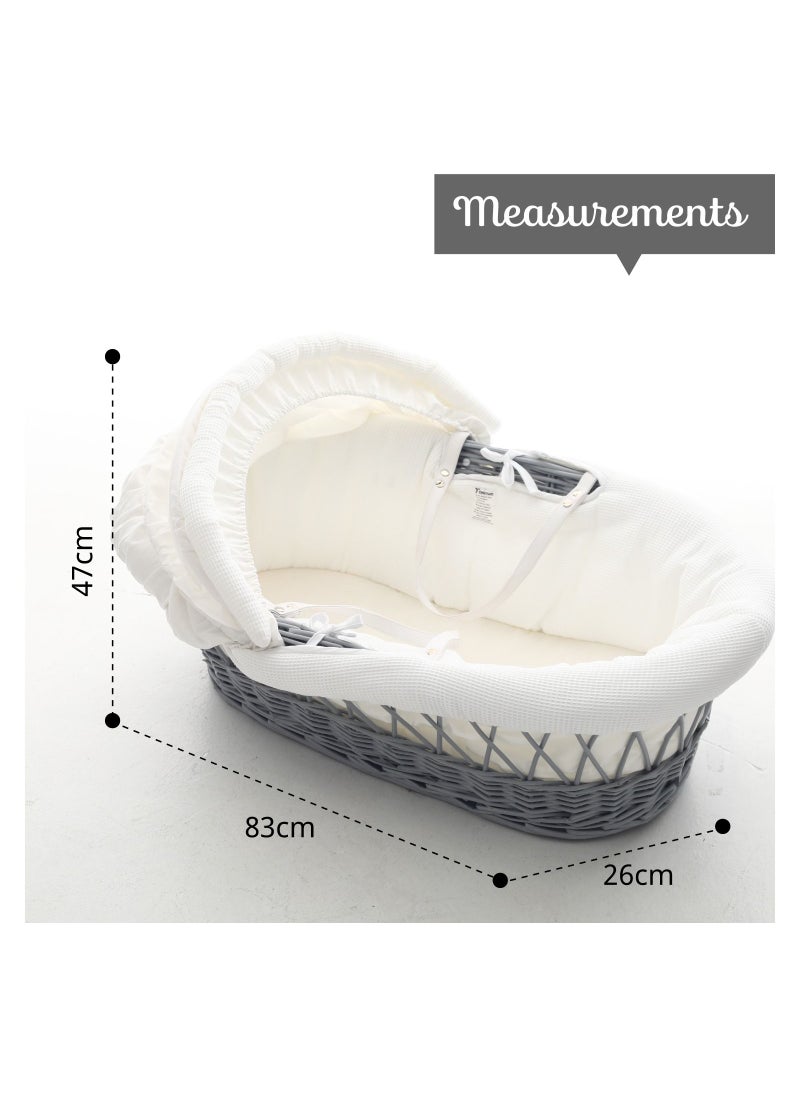 TEKNUM - Infant Wicker Moses Basket With White Waffle Beddings And White Rocker Stand - Wooden Grey - Image 1
