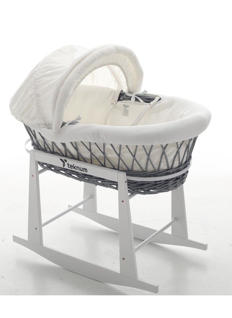 TEKNUM - Infant Wicker Moses Basket With White Waffle Beddings And White Rocker Stand - Wooden Grey - Image 1