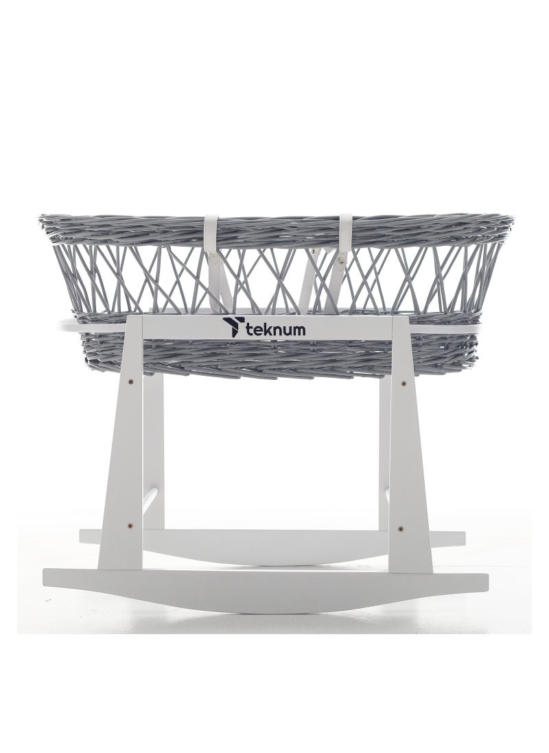 TEKNUM - Infant Wicker Moses Basket With White Waffle Beddings And White Rocker Stand - Wooden Grey - Image 1