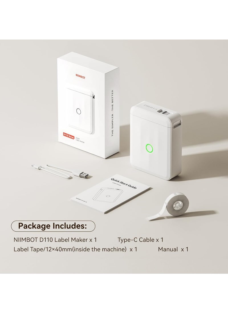 NIIMBOT - D110 Upgraded Version Mini Label Maker Machine D110-M Label Printer with 15mm Printing Width, Portable Bluetooth Thermal Printer, Sticker Maker with Multiple Templates, with 1 Roll 12*40mm White Tape for Office Organization Home Kitchen School, White - Image 1