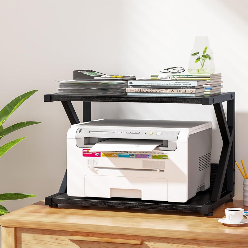 aboxoo Desktop Printer Stand with 2 Tier Wood Storage Shelves,Under Desk Printer Table,Multi-Purpose Home Office Desk Organizer for Fax Machine, Scanner (Black) - Image 2