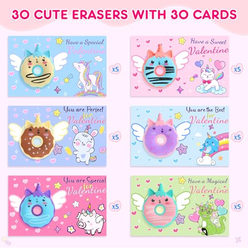 YEGEER Valentines Day Gifts for Kids Valentines Unicorn Donut Erasers with Cards Classroom Exchange Prizes Party Favors Ideal Valentine Gifts for Boys Girls School Classroom Prize Exchange Donut - Image 5