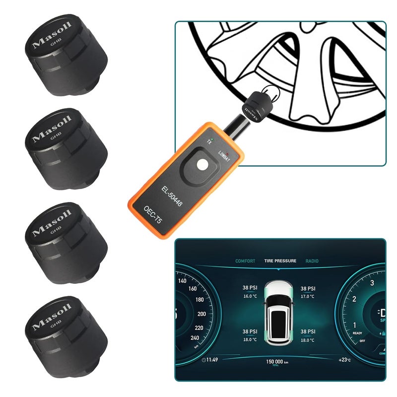 مستشعر TPMS من لسيارات GM شيفروليه سيلفرادو بويك كاديلاك GMC، ترقية 2025 الجيل الثاني مجموعة من 4 مستشعرات TPMS مع أداة إعادة تعلم TPMS واحدة، مستشعر ضغط إطارات خارجي، سهل التركيب - Image 1