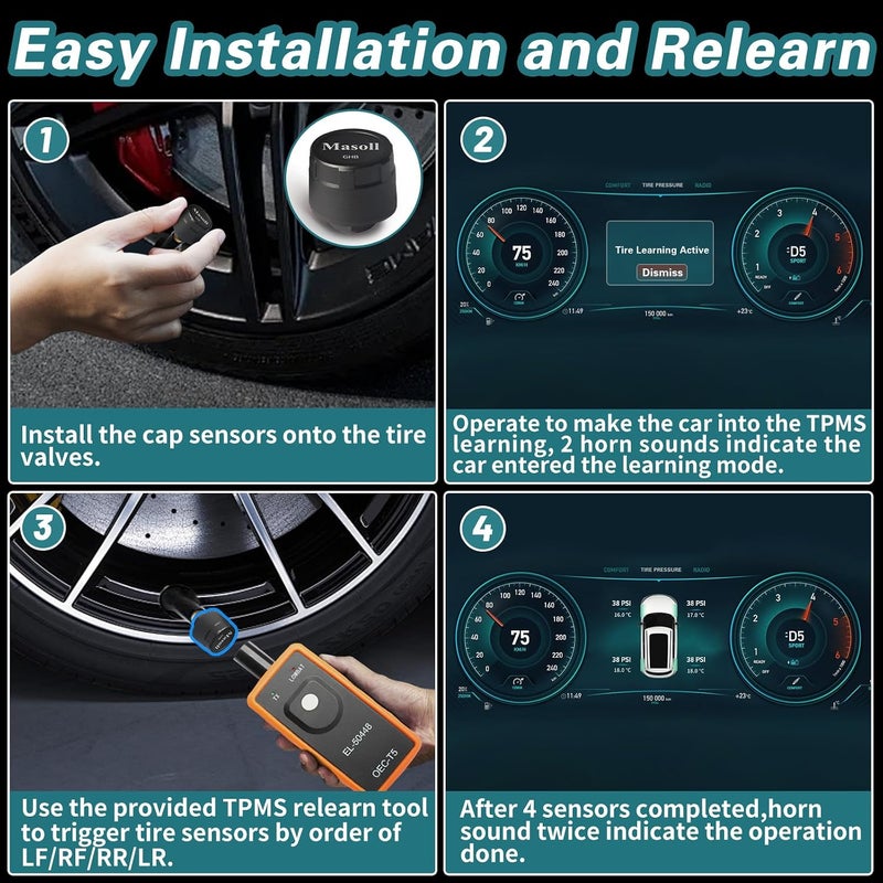 مستشعر TPMS من لسيارات GM شيفروليه سيلفرادو بويك كاديلاك GMC، ترقية 2025 الجيل الثاني مجموعة من 4 مستشعرات TPMS مع أداة إعادة تعلم TPMS واحدة، مستشعر ضغط إطارات خارجي، سهل التركيب - Image 4