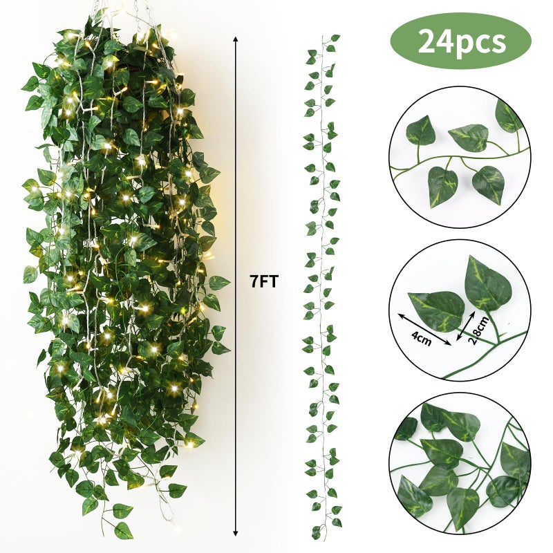 CEWOR 24 Pack 173ft Fake Ivy Vines, Artificial Ivy Garland with 200 LED String Lights, Hanging Plants Greenery Backdrop Green Leaves for Bedroom Room Wall Decor Wedding Party Table Decoration - Image 2