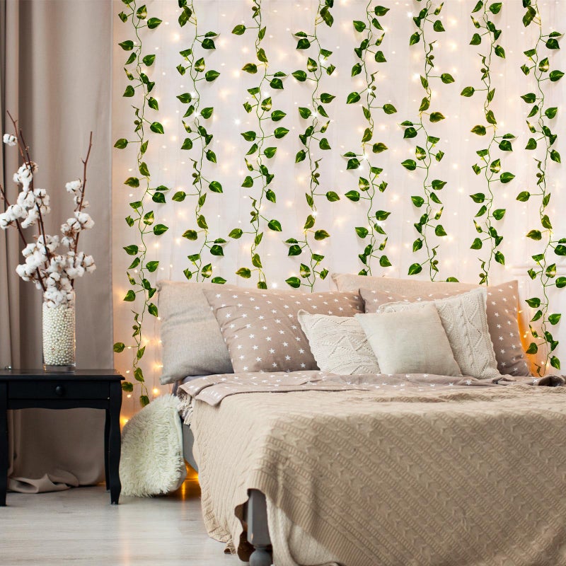 CEWOR 24 Pack 173ft Fake Ivy Vines, Artificial Ivy Garland with 200 LED String Lights, Hanging Plants Greenery Backdrop Green Leaves for Bedroom Room Wall Decor Wedding Party Table Decoration - Image 5