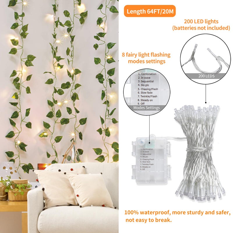 CEWOR 24 Pack 173ft Fake Ivy Vines, Artificial Ivy Garland with 200 LED String Lights, Hanging Plants Greenery Backdrop Green Leaves for Bedroom Room Wall Decor Wedding Party Table Decoration - Image 3