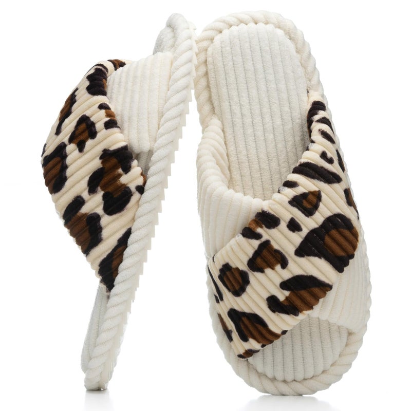 GOEWY House Slippers for Women Fuzzy Womens Slippers Indoor Outdoor Open Toe With Cross Band Corduroy Memory Foam Warm Gifts for Woman Size 7 8.5 Leopard Beigewhite - Image 1