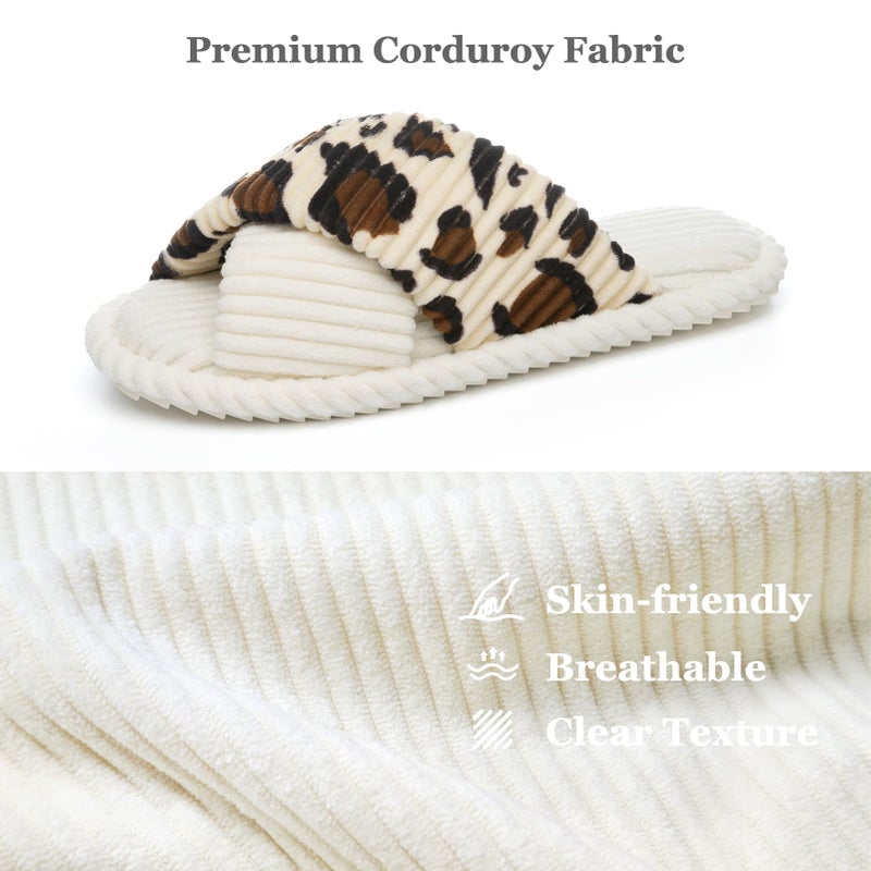 GOEWY House Slippers for Women Fuzzy Womens Slippers Indoor Outdoor Open Toe With Cross Band Corduroy Memory Foam Warm Gifts for Woman Size 7 8.5 Leopard Beigewhite - Image 4