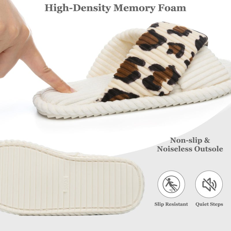 GOEWY House Slippers for Women Fuzzy Womens Slippers Indoor Outdoor Open Toe With Cross Band Corduroy Memory Foam Warm Gifts for Woman Size 7 8.5 Leopard Beigewhite - Image 5