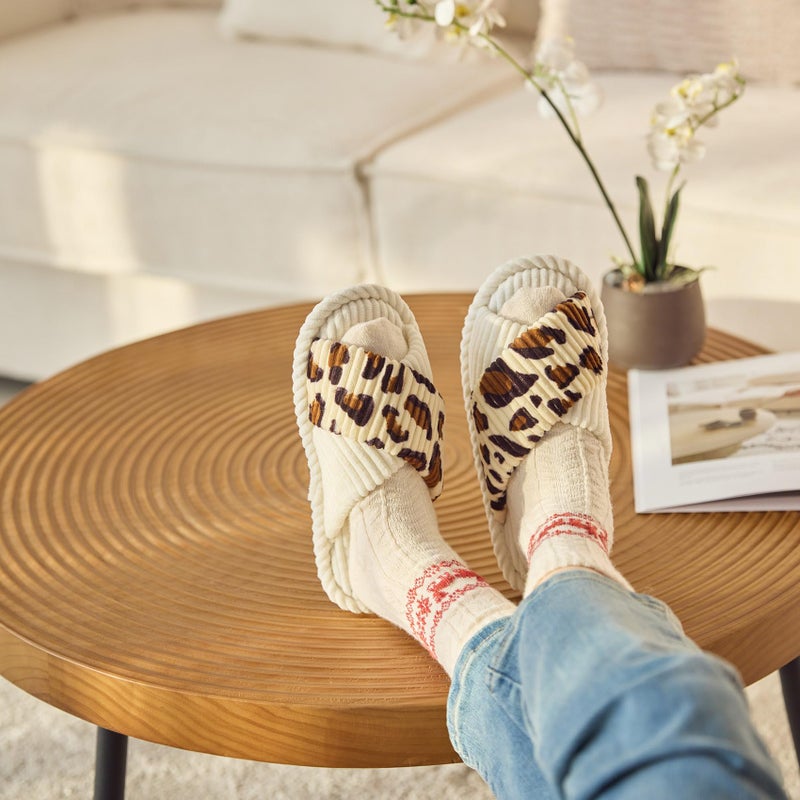 GOEWY House Slippers for Women Fuzzy Womens Slippers Indoor Outdoor Open Toe With Cross Band Corduroy Memory Foam Warm Gifts for Woman Size 7 8.5 Leopard Beigewhite - Image 2