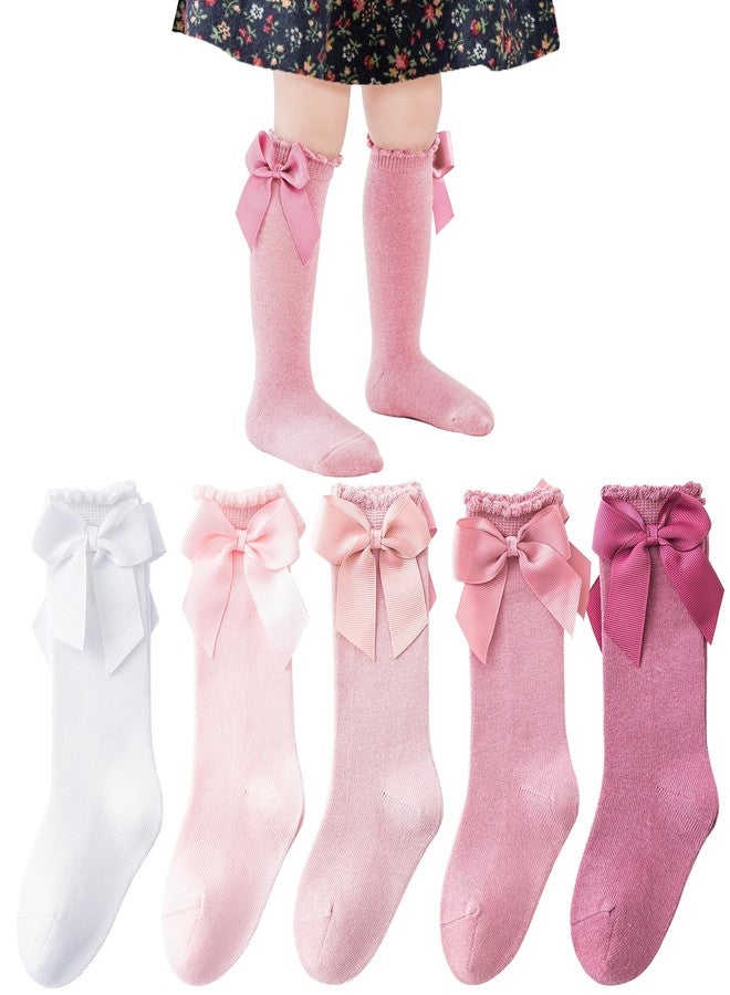 Mini Angel Baby Knee High Socks - Toddler Long Cotton Tube Stockings With Bow Ruffles for Girls, Infant Dress Socks, 0-6 Months (White Pink Set, 5 Pairs) - Image 1
