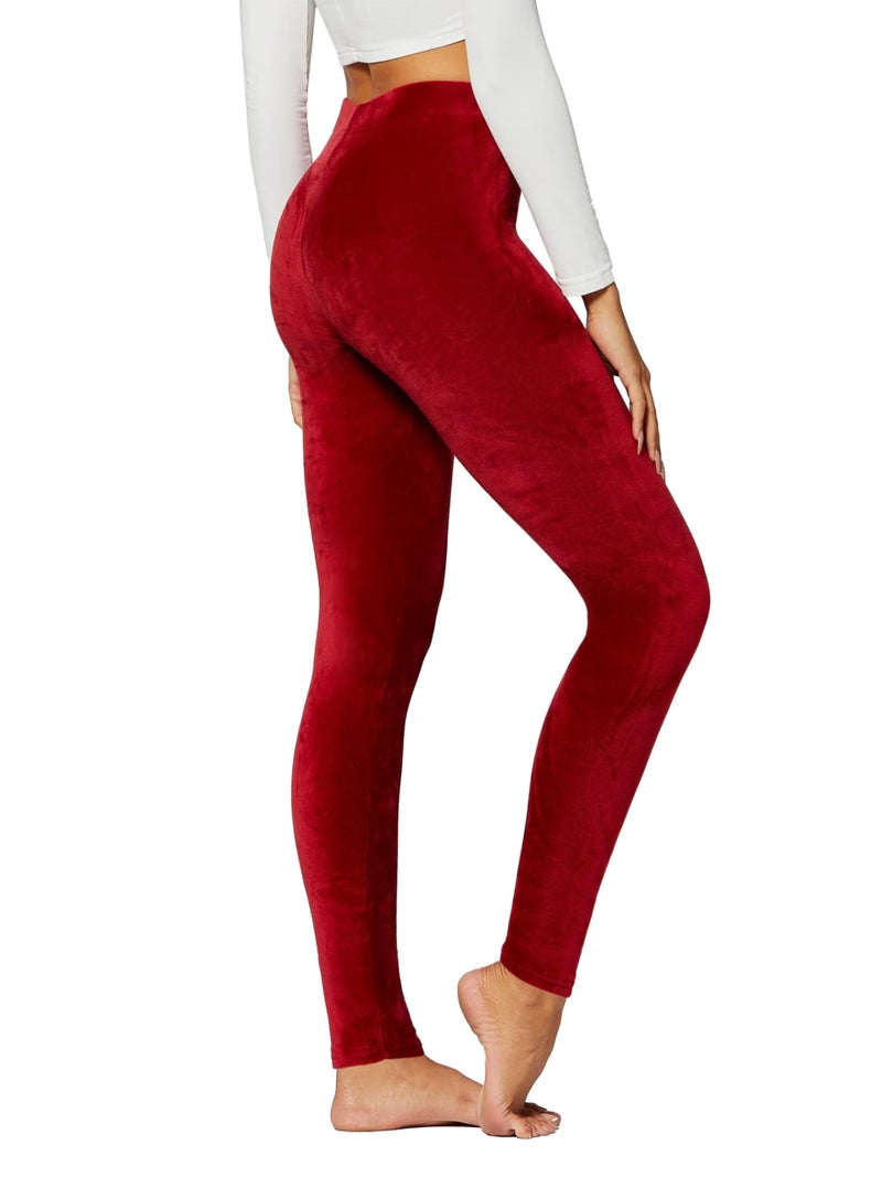 Conceited Velvet Leggings for Women - Soft Warm Velour Pants - Burgundy - Small - Image 1