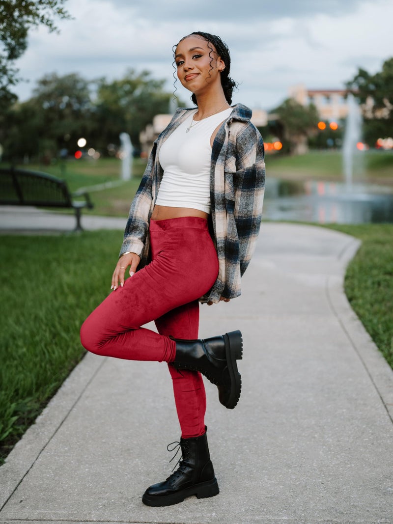 Conceited Velvet Leggings for Women - Soft Warm Velour Pants - Burgundy - Small - Image 2