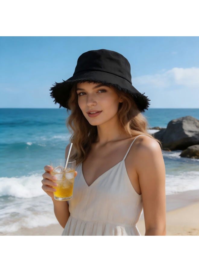 Boderier Sun Hats for Women Summer Casual Wide Brim Cotton Bucket Hat Beach Vacation Travel Accessories, Black, One size - Image 2
