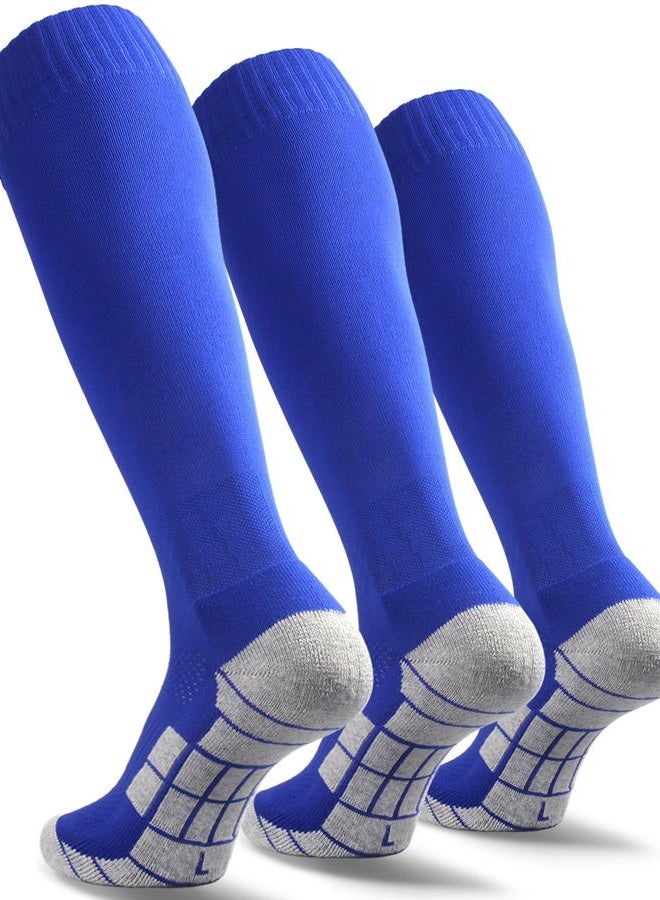 CWVLC Youth Soccer Socks 3 Pairs Girls Boys Rugby Sport Team Athletic Knee High Long Tube Cotton Compression Socks Blue Medium (5Y-7Y Youth/6-10 Women) - Image 1