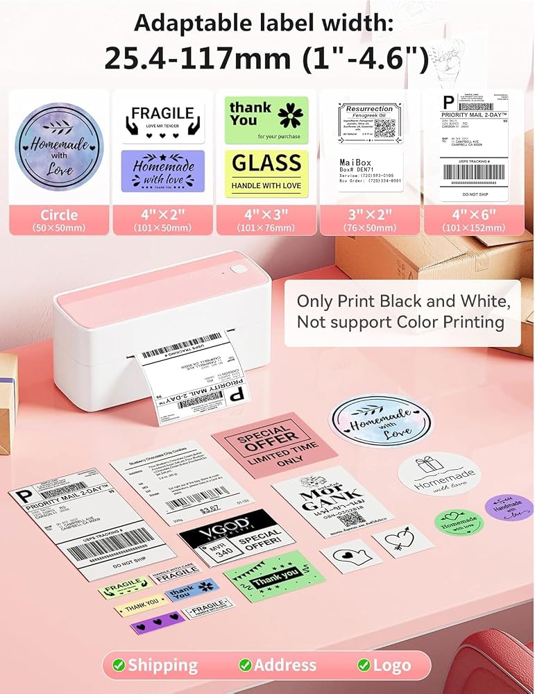 Phomemo Bluetooth Thermal Label Printer, 241BT 4X6 Wireless Shipping Label Maker for Small Business, Pink Label Printer for Shipping Packages, Compatible with smartphone, Android, Shopify, UPSP - Image 3
