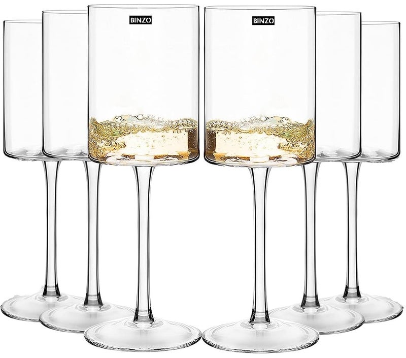 BINZO Square Wine Glasses Set of 6 Pcs 300 ml Crystal Cut Long Stem Glass for Red White Wines Modern Drinking Glasswares Elegant Gift Items Flat Bottom Durable Clear Square 300 ml 6 Pcs - Image 1