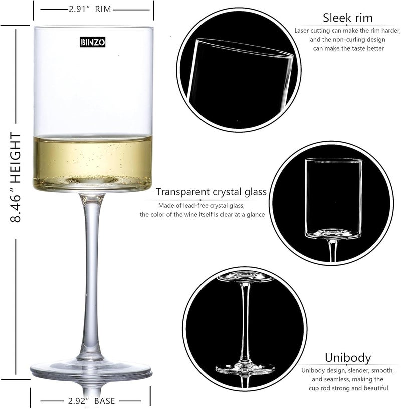 BINZO Square Wine Glasses Set of 6 Pcs 300 ml Crystal Cut Long Stem Glass for Red White Wines Modern Drinking Glasswares Elegant Gift Items Flat Bottom Durable Clear Square 300 ml 6 Pcs - Image 2