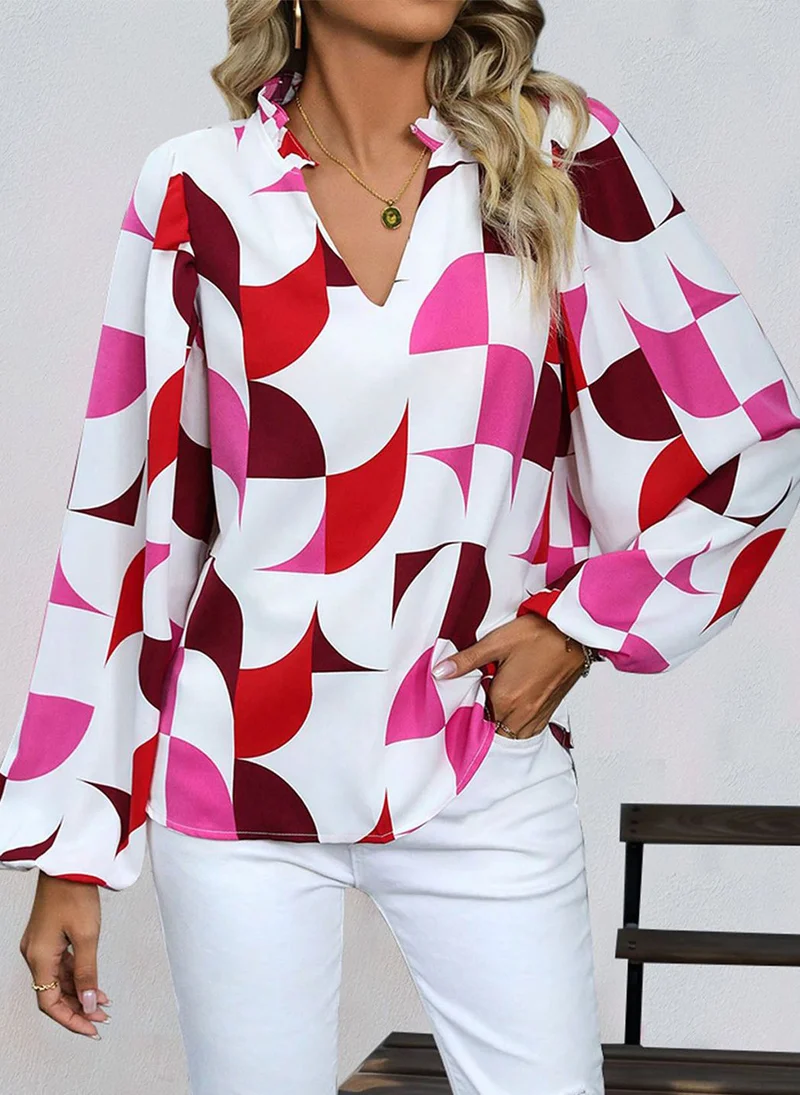 YUNIQEE White V-Neck Long Sleeves Printed Top