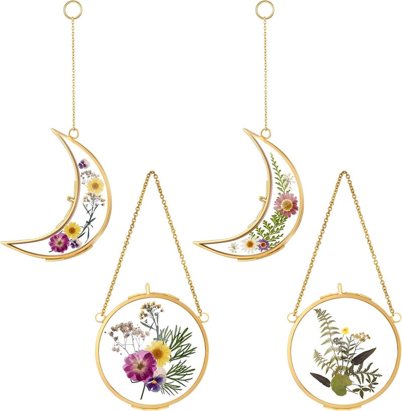 Qunclay 4 Pcs Pressed Flower Frame Double Glass Frame for Pressed Flowers Sun and Moon Shaped Hanging Photo Dried Flower Glass Frames with Chain for DIY Crafts Dried Plant Wall DecorGold35 Inch - Image 1