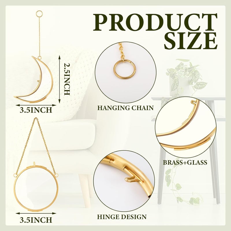 Qunclay 4 Pcs Pressed Flower Frame Double Glass Frame for Pressed Flowers Sun and Moon Shaped Hanging Photo Dried Flower Glass Frames with Chain for DIY Crafts Dried Plant Wall DecorGold35 Inch - Image 2