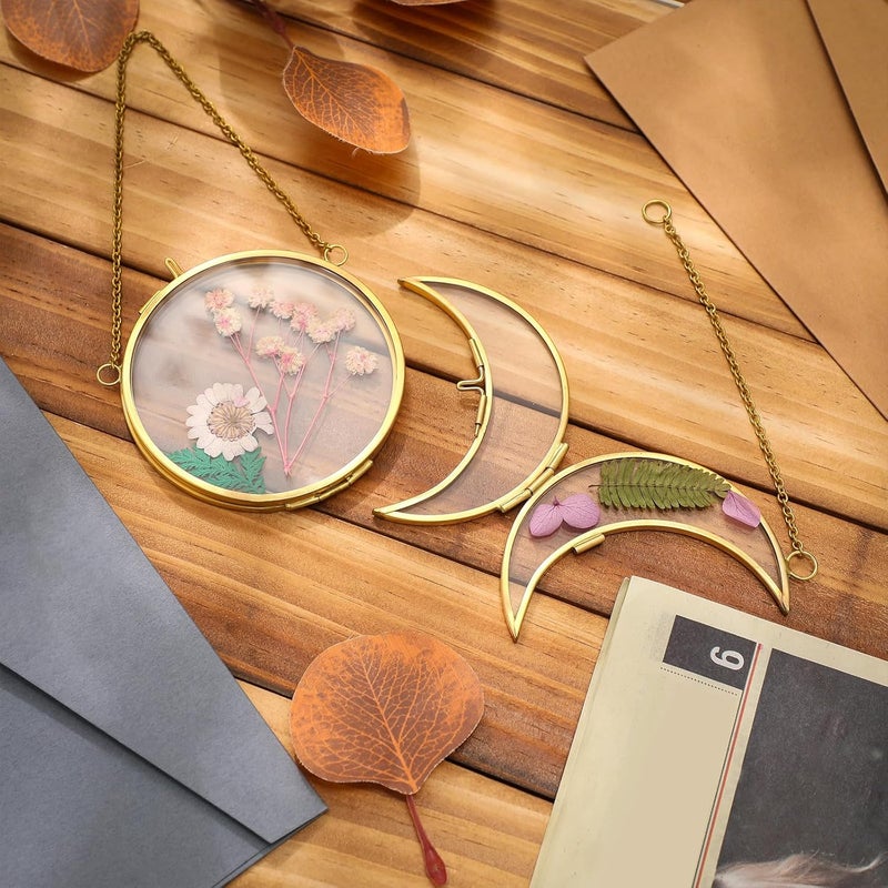 Qunclay 4 Pcs Pressed Flower Frame Double Glass Frame for Pressed Flowers Sun and Moon Shaped Hanging Photo Dried Flower Glass Frames with Chain for DIY Crafts Dried Plant Wall DecorGold35 Inch - Image 4