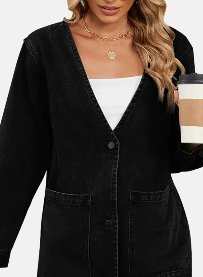 YUNIQEE Black V Neck Long Sleeve Denim Jacket
